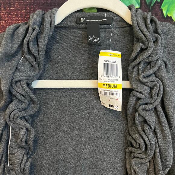INC Moa Moa Ruffle Front Cardigan Sweater Medium Gray Pockets Workwear Stretchy - Picture 2 of 6